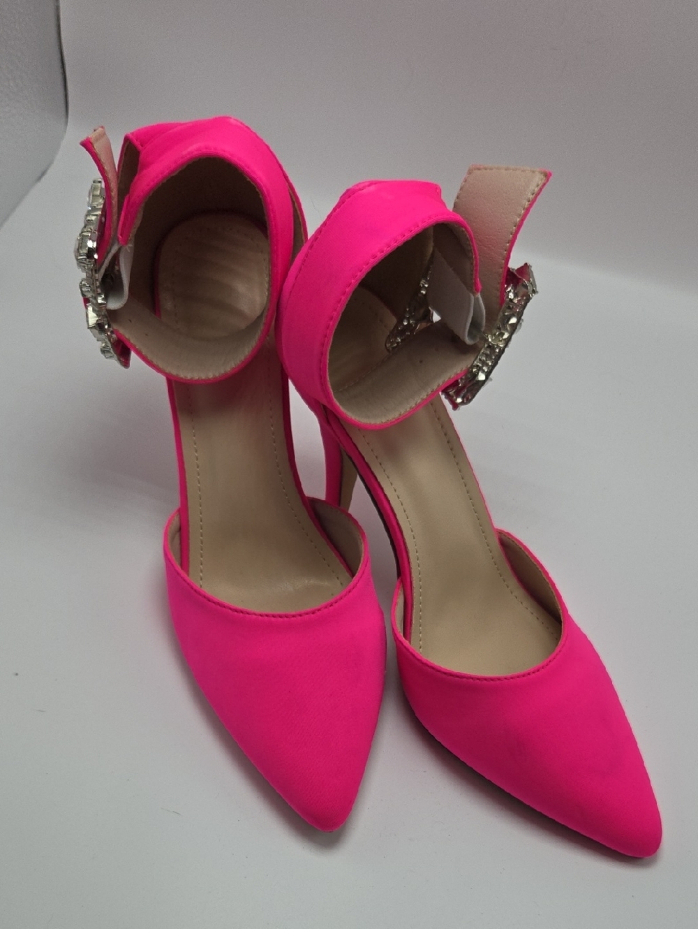 SHEIN Neon Pink Pointed Toe Ankle-Strap Heels with Jeweled Buckle
